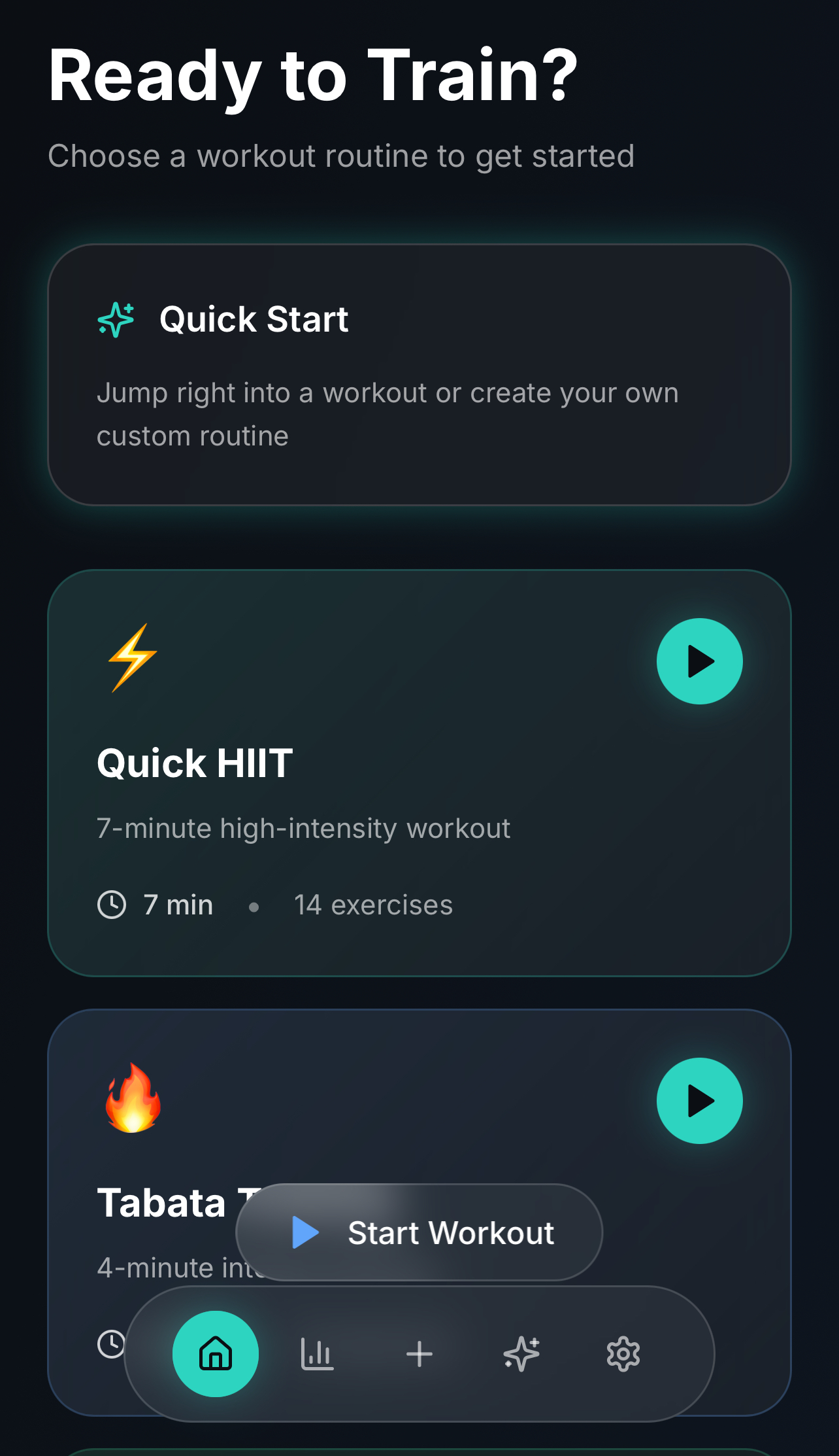 Axen app workout home interface with workouts list